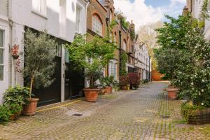 伦敦Sonder The Gilbert的一条空荡荡荡的街道,布满盆栽植物和建筑物
