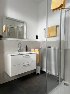 巴特洪内夫Weingut Pieper - Vinothek & Hotel am Drachenfels的一间带水槽和镜子的浴室