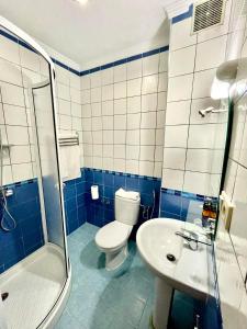 米迪克Sary's Hotel的蓝色和白色的浴室设有卫生间和水槽