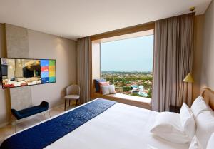 圣克鲁斯Novotel Santa Cruz De La Sierra的一间酒店客房,设有一张大床和一个大窗户