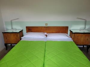加尔达湖滨Hotel Panorama的一张绿色的床,旁边有两个床头柜