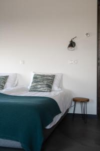 博德赫拉芬Bed en Breakfast Hartenlust kamer de Boomgaard的一间卧室配有一张带绿毯和凳子的床
