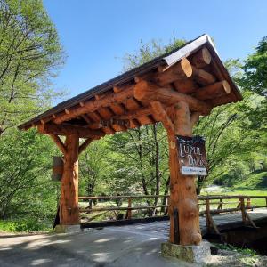 CosteştiPensiunea Lupul Dacic的公园里带有标志的木亭