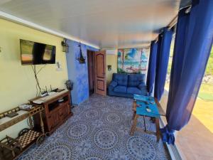 阿尔姆尼卡las flores的客厅配有蓝色的沙发和电视