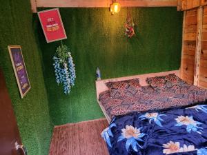 卡索尔Shanti People Huts & Camp的一间卧室设有一张床和绿色的墙壁