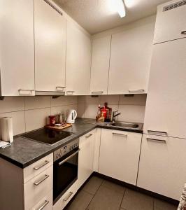 苏黎世Spacious apartment的白色的厨房配有白色橱柜和水槽