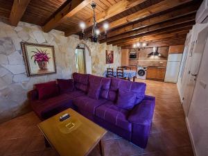 科尼尔-德拉弗龙特拉Villa Rosal- Solo familias y parejas的一间带紫色沙发的客厅和一间厨房