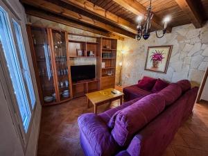 科尼尔-德拉弗龙特拉Villa Rosal- Solo familias y parejas的客厅配有紫色沙发和石墙