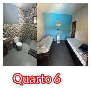 圣保罗Pousada Guarapiranga的卧室配有一张床和一间浴室的两张照片
