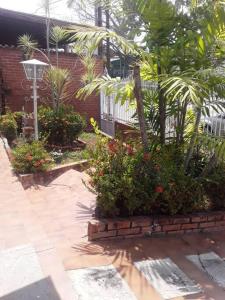 巴伦西亚Casa-Quinta c-lindo Amb Familiar的鲜花盛开的花园,围栏和街灯