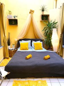 克拉科夫Edem room的一间卧室配有一张带黄色枕头的床