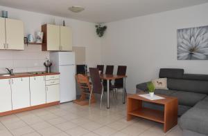 奇茲希Apartmani Andrea的厨房以及带沙发和桌子的客厅。