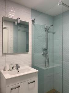 布莱德Bled Lake NUMBER 10的一间带水槽和玻璃淋浴的浴室