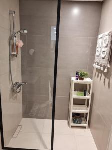 穆哈拉格Marassi Park Residence的带淋浴的浴室和玻璃门