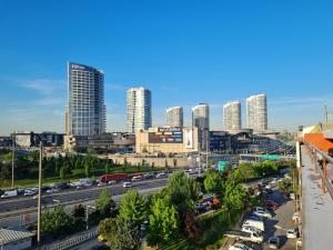 伊斯坦布尔El Emin İstanbul Hotel的城市天际线,高楼和高速公路