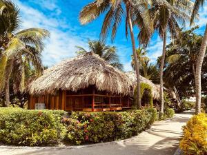 伯利兹城St. George's Caye Resort的棕榈树和草屋度假村