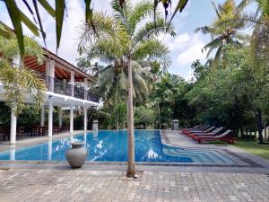 贝鲁沃勒Seetharama Garden of Life的一座房子旁的棕榈树游泳池