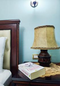 戈里察Villa Parku Rinia的床头的台灯和桌子上的一本书