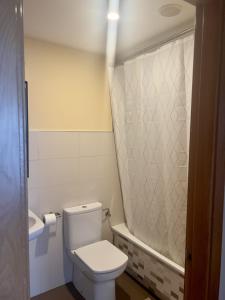 萨达Piso en Sada的一间带卫生间和淋浴帘的浴室