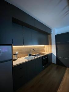 克拉科夫EM Room的厨房配有黑色橱柜和水槽