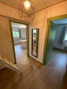 维拉尔-德朗Petit cocon comme a la maison的客厅铺有硬木地板,配有镜子