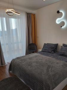 切尔尼戈夫Light Apartments的卧室配有床、椅子和窗户。