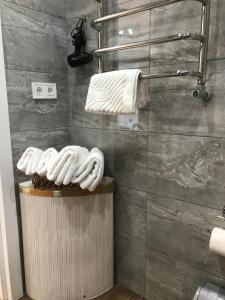切尔尼戈夫Light Apartments的带淋浴的浴室,配有架子上的毛巾
