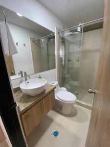 卡利Caliview Apartahotel的一间带水槽、卫生间和淋浴的浴室