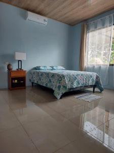 福尔图纳Arenal Surá的一间卧室配有一张床、一张桌子和一个窗户。