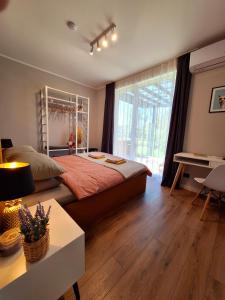 马鲁佩Māja- Linini的一间卧室设有一张床和一个大窗户