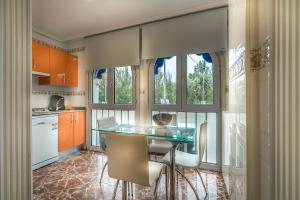 桑坦德拉斯布里萨公寓酒店的厨房配有玻璃桌和一些窗户