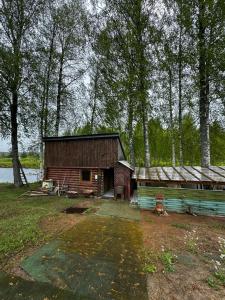 Vasaras mājiņa Nr.6的湖畔树林中的小木屋
