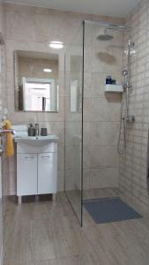 斯克拉丁Gold Apartments的带淋浴和盥洗盆的浴室