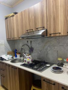 沙马基Şamaxı Cennetbagı Evi的厨房配有水槽和炉灶 顶部烤箱