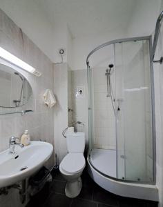柏林Märkischer Hof Hotel的带淋浴、卫生间和盥洗盆的浴室