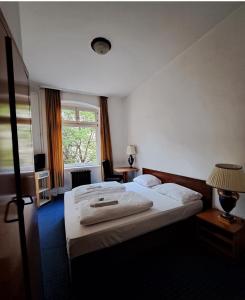 柏林Märkischer Hof Hotel的酒店客房设有两张床和窗户。