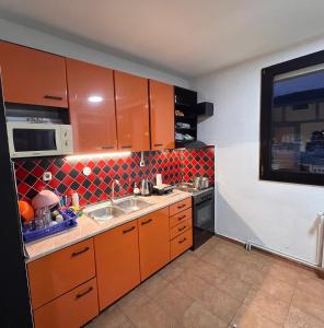 奥赫里德Blue Orange Lake Hostel的小厨房配有橙色橱柜和水槽