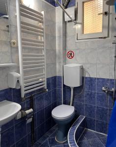 奥赫里德Blue Orange Lake Hostel的蓝色瓷砖浴室设有卫生间和水槽