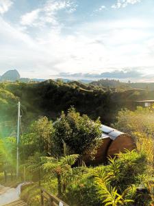 瓜塔佩Glamping The Mountain的享有郁郁葱葱的绿色山坡和火车的景色