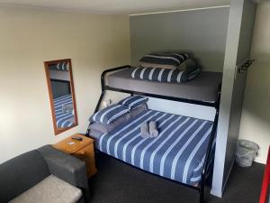 皇后镇Alpine Lodge Queenstown的一间带两张双层床和一张沙发的卧室