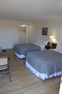 BassanoA1 Motel And Campground的酒店客房设有两张床和一张桌子。
