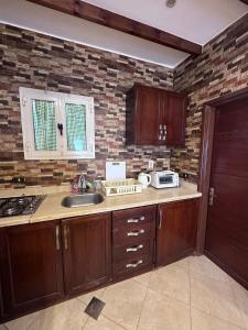沙姆沙伊赫Studio 2的厨房设有水槽和砖墙