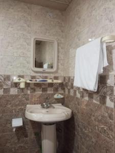 伊斯兰堡Islamabad Premium Hotel的一间带水槽和镜子的浴室