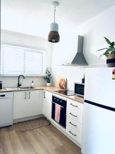 马奇Studio on Lewis Tiny House的厨房配有白色橱柜和白色冰箱。