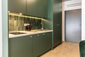 克拉科夫Piedmont House的一个带水槽和门的绿色厨房