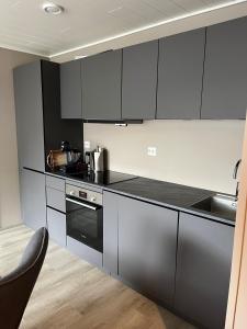 史特林New Apartment 2 bedroms的厨房配有黑白橱柜和水槽