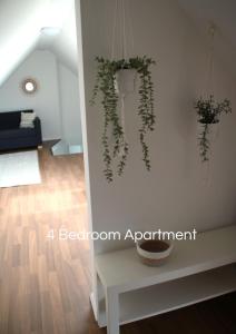 HauCozy Apartment in Bedburg-Hau的一间有白色墙壁的房间,上面有植物