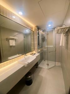 Kinh DinhGlamour Boutique的一间带水槽、淋浴和镜子的浴室