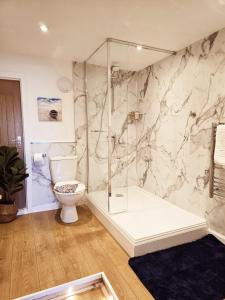 托伯莫里Carnaburg Guesthouse的一间带卫生间和玻璃淋浴间的浴室
