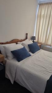 桑当Fair Oak Self-Catering Accomodation的卧室内的白色床和蓝色枕头